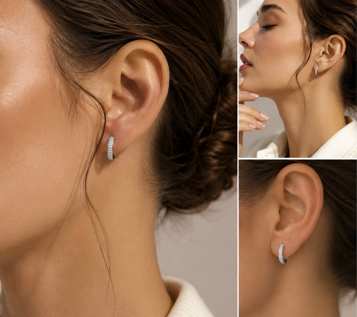 Woman wearing 14K white gold pavé huggie clip-on earrings close to ear, showing natural pierced-earring appearance and elegant everyday styling