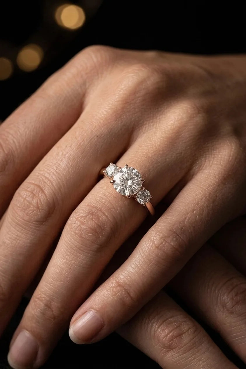 Three stone diamond engagement ring in 18K rose gold worn on hand — round brilliant center diamond with matching side stones | JewelryRich