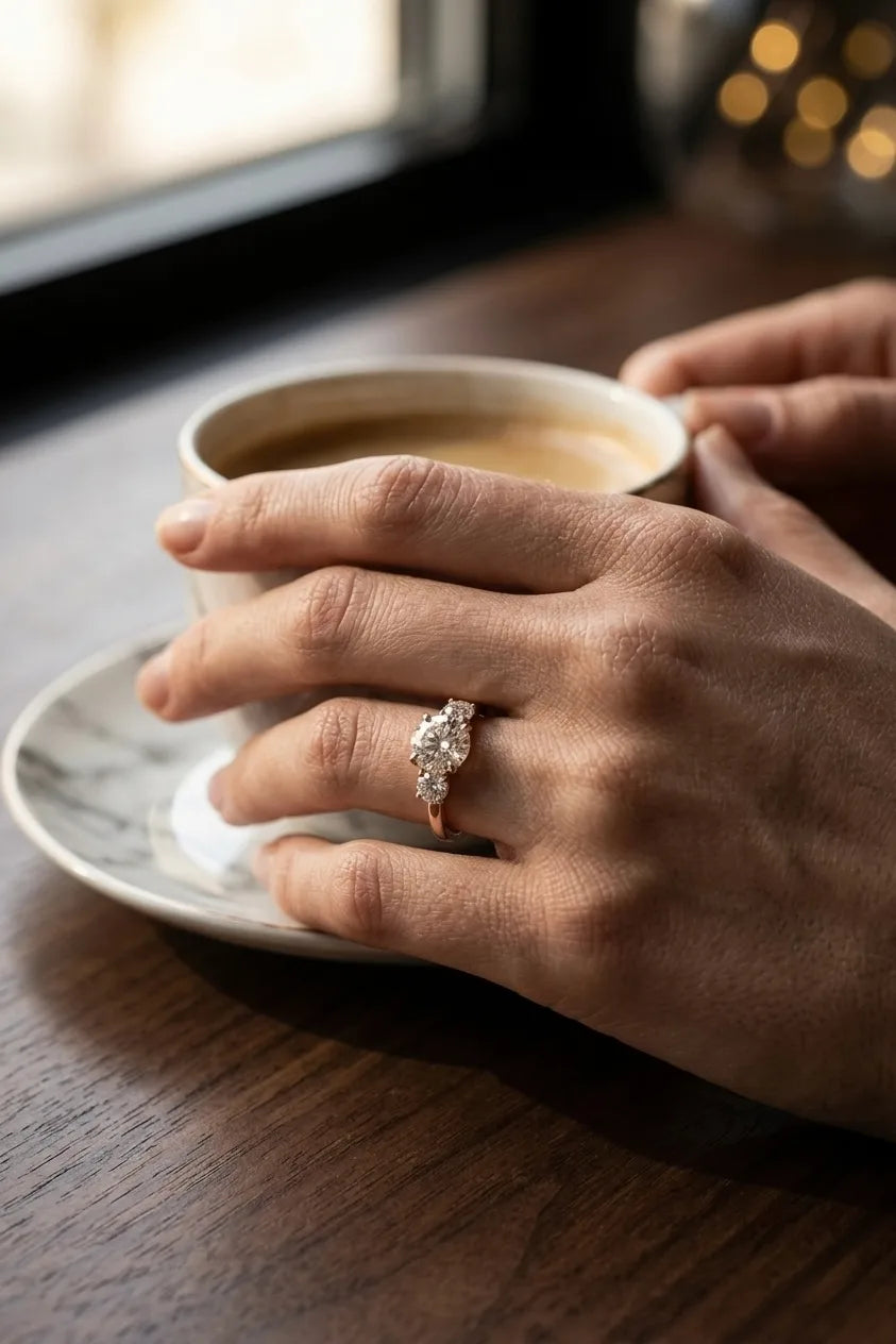 Three stone diamond engagement ring in rose gold worn in lifestyle setting — elegant fine jewelry for modern brides | JewelryRich