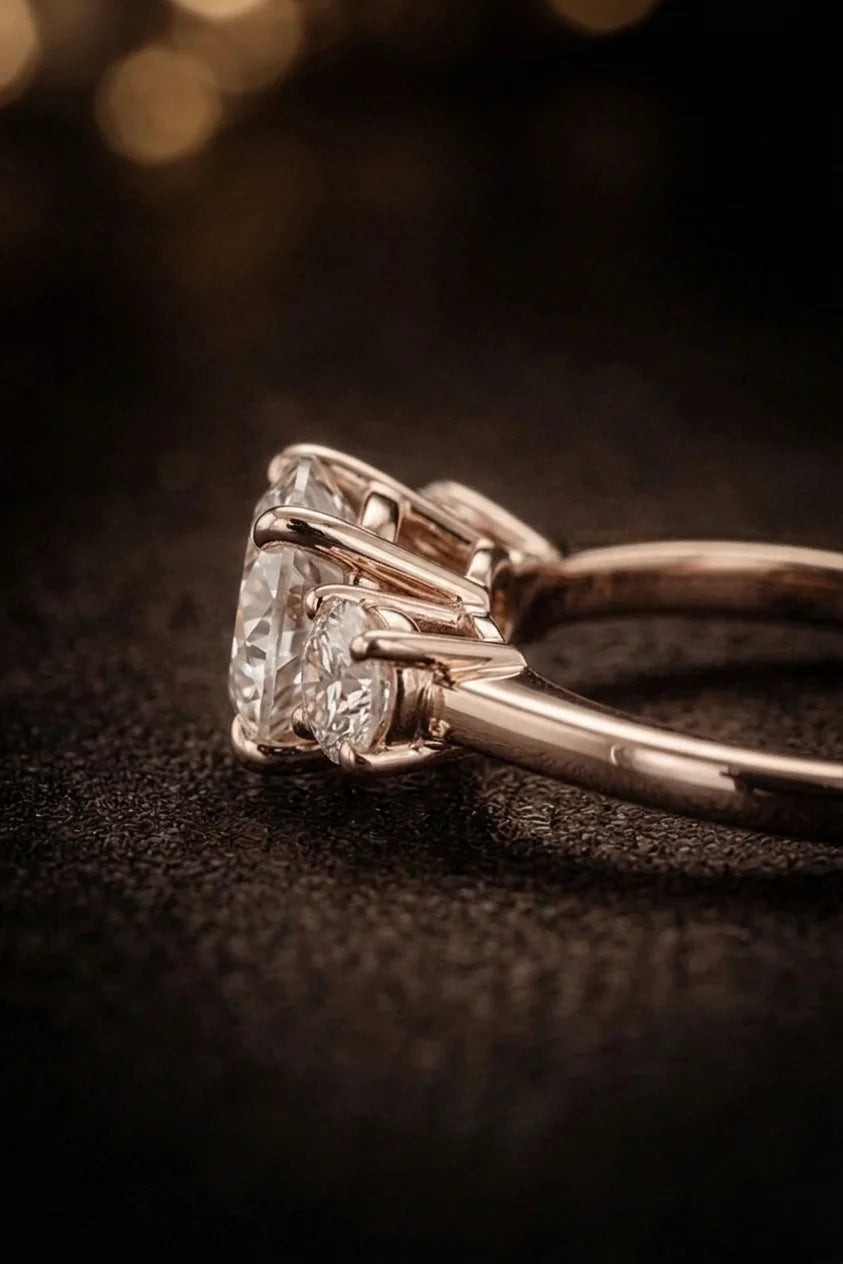 Three stone diamond engagement ring side profile — 18K rose gold setting with round brilliant diamonds, past present future design | JewelryRich