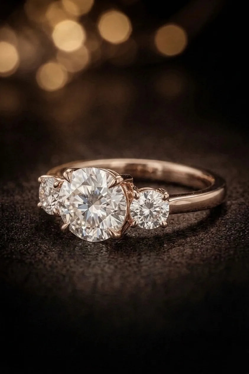 Three stone round brilliant diamond engagement ring in 18K rose gold — symbolic past present future design, fine jewelry | JewelryRich